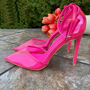 NEW Azalea Wang Crazy Neon Hot Pink Clear Pointed Toe Heels 8.5 Flaw